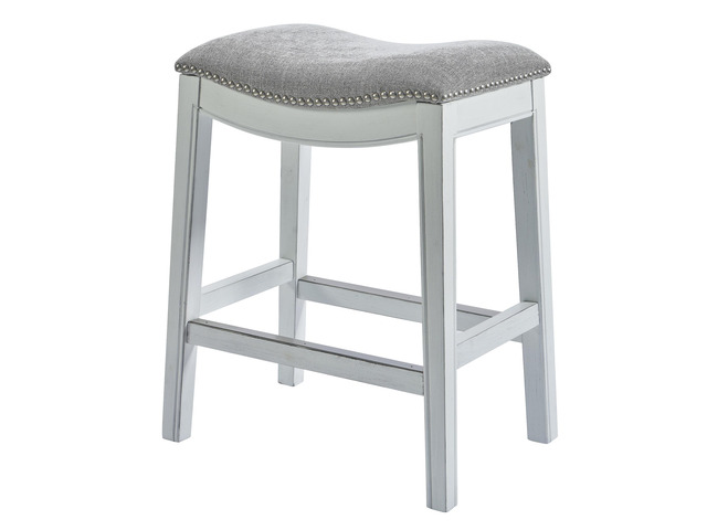 31in. Bar-Height Backless Wood Narrow Saddle-Seat Barstool with Nailhead Trim, Farmhouse Whitewash with Gray Upholstered Seat, 1PC