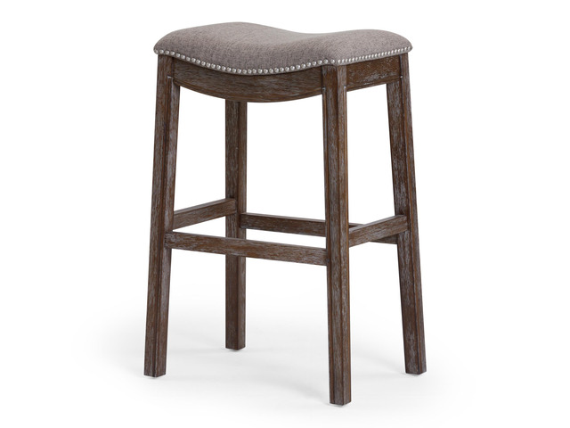 31in. Saddle Distressed Espresso Wood Bar-Height Barstool with Smoke Gray Fabric, 1PC