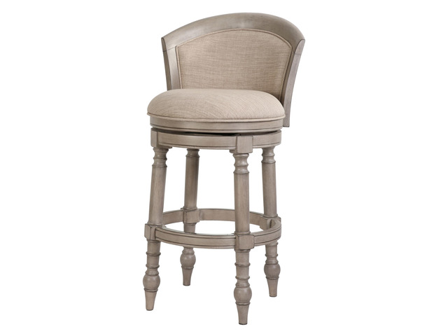 31' Wood Barrel-Back Bar Stool with Swivel and Upholstered Seat and Back, Uptown Gray with Beige Seat and Back, 1PC