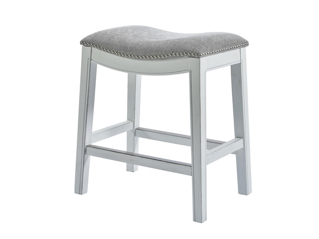 26in. Counter-Height Backless Wood Saddle-Seat Barstool with Nailhead Trim, Farmhouse Whitewash with Gray Upholstered Seat, 1PC