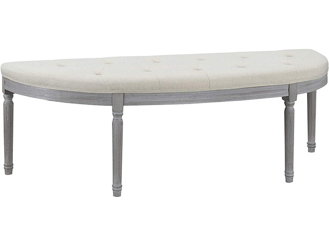 Coastal Button Tufted Light Beige Upholstered Bench with Weathered Gray Legs