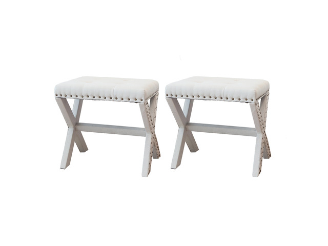 Accent Stool, Tufted Linen Upholstered Chair, X-Base Wood Seat with Nailhead Trim, 17'D x 19'W x 17'H, 300 lbs Capacity