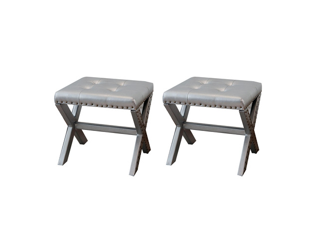 Accent Stool, Tufted Linen Upholstered Chair, X-Base Wood Seat with Nailhead Trim, 17'D x 19'W x 17'H, 300 lbs Capacity