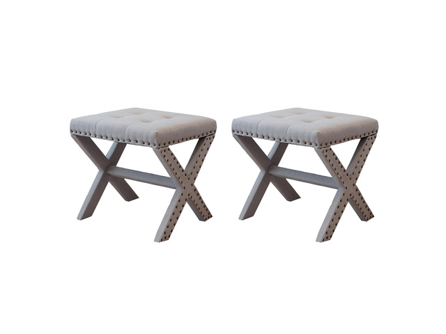 Accent Stool, Tufted Linen Upholstered Chair, X-Base Wood Seat with Nailhead Trim, 17'D x 19'W x 17'H, 300 lbs Capacity
