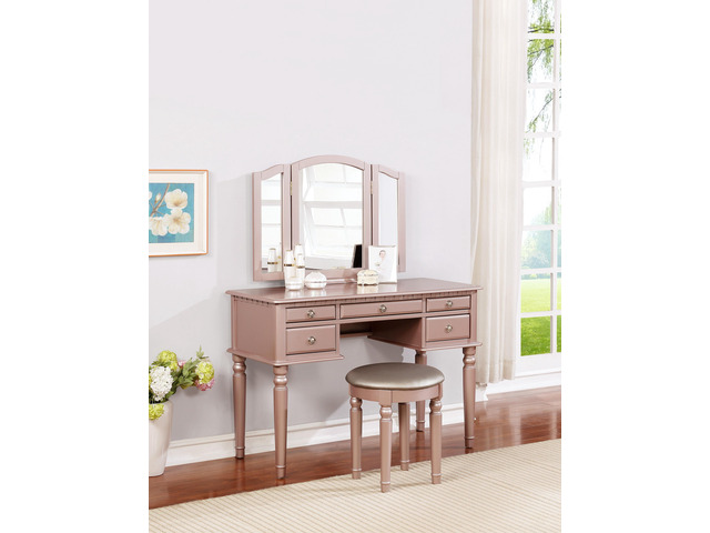 Bedroom Contemporary Vanity Set w Foldable Mirror Stool Drawers Rose Gold Color