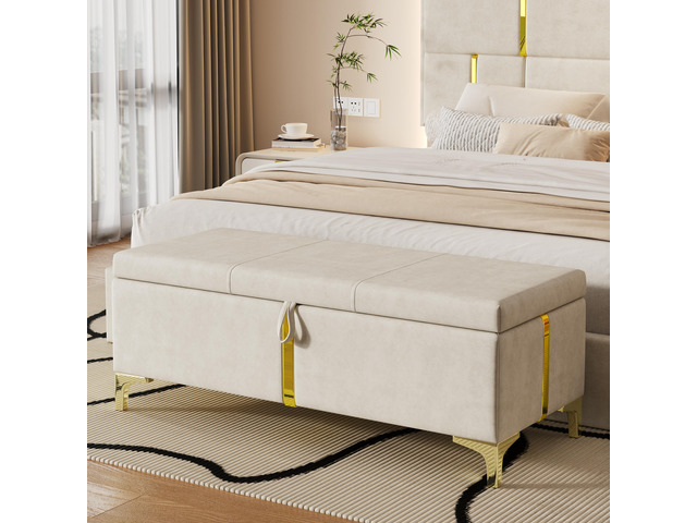 Elegant Upholstered Storage Ottoman,Storage Bench with Metal Legs for Bedroom,Living Room,Fully Assembled Except Legs,Beige