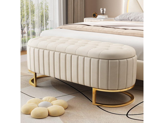 Elegant Upholstered Velvet Storage Ottoman with Button-Tufted,Storage Bench with Metal Legs for Bedroom,Living Room,Fully Assembled Except Legs,Beige