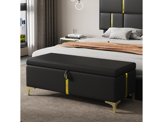 Elegant Upholstered Storage Ottoman,Storage Bench with Metal Legs for Bedroom,Living Room,Fully Assembled Except Legs,Black
