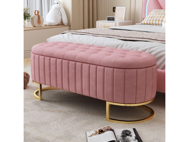 Elegant Upholstered Velvet Storage Ottoman with Button-Tufted,Storage Bench with Metal Legs for Bedroom,Living Room,Fully Assembled Except Legs,Pink
