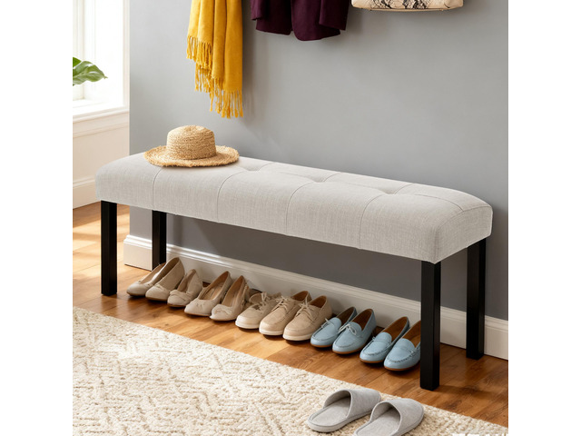 Modern Tufted Linen Dining Bench, Farmhouse Upholstered Entryway Bench with Black Rubber Wood Legs, Versatile for Kitchen, Bedroom, Hallway, Beige