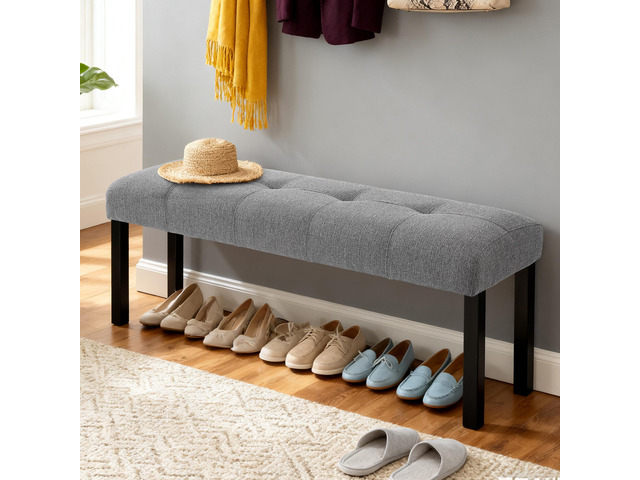 Modern Tufted Linen Dining Bench, Farmhouse Upholstered Entryway Bench With Black Rubber Wood Legs, Versatile For Kitchen, Bedroom, Hallway, Gray