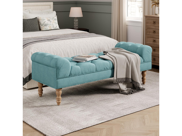 Button-Tufted End of Bed Bench,Large Upholstered Ottoman,Foot Rest with Legs,Footstool with Rolled Arms,Upholstered Fabric Bench,Indoor Bench for...