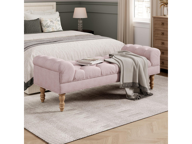 Button-Tufted End of Bed Bench,Large Upholstered Ottoman,Foot Rest with Legs,Footstool with Rolled Arms,Upholstered Fabric Bench,Indoor Bench for...