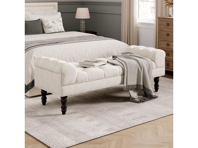 Button-Tufted End of Bed Bench,Large Upholstered Ottoman,Foot Rest with Legs,Footstool with Rolled Arms,Upholstered Fabric Bench,Indoor Bench for...