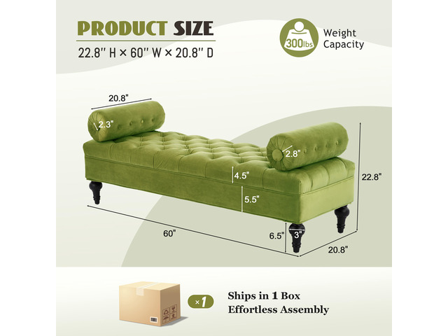 Modern Bedroom Bench,Bench for End of Bed,Velvet Upholstered Bench with 2 Detachable Pillows,Comfy Upholstered Footstool,Ottoman for...