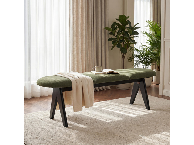 Upholstered Bench with Black Wood Legs, Green Fabric Seat, Solid & Manufactured Wood Construction, 250 LBS Capacity, 53' Entryway Bench for Living...