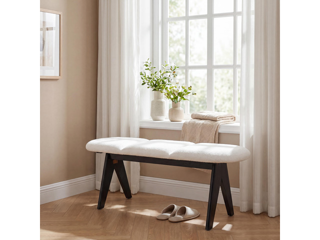 Upholstered Bench with Black Wood Legs, White Fabric Seat, Solid & Manufactured Wood Construction, 250 LBS Capacity, 53' Entryway Bench for Living...