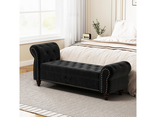 64.5' Bed Bench for Bed Room Nails Tufted Chaise of Lounge with Storage Velvet Upholstery Black