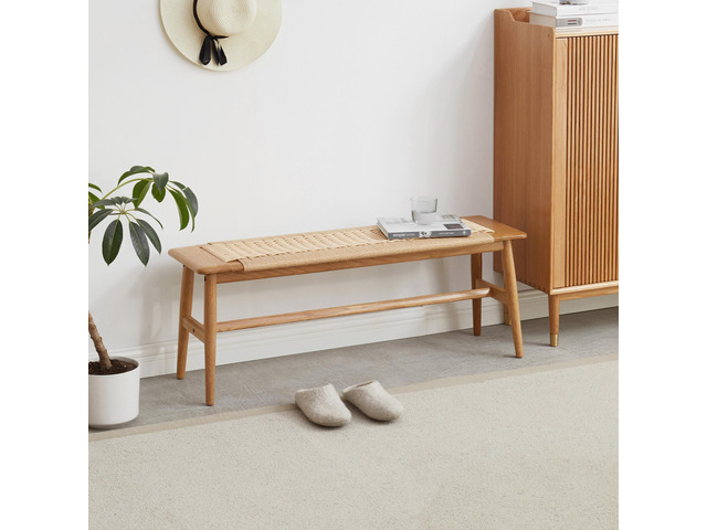 (1.1M) Woven Design Natural Oak Wood Dining Bench Bed Bench for Dining Room, Bedroom, Living Room