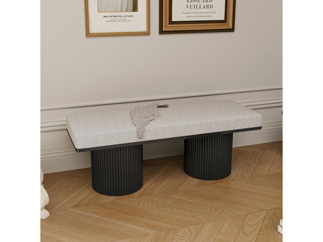 Upholstered Bench with Black Chunky Legs Light Grey Boucle Fabric Contemporary Style Bed-end Bench for Bedroom Living Room