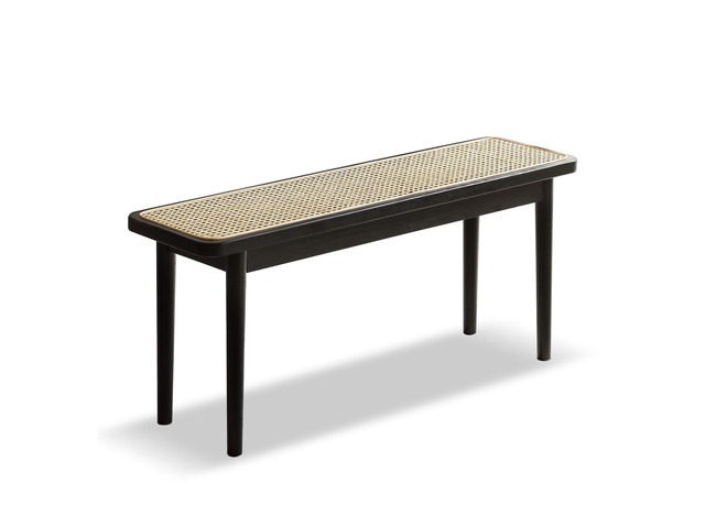 Modern Style Black Color Solid Oak Wood Dining Bench with Rattan Detail, Modern Bench for Bedroom End of Bed, Entryway Bench, Rattan Bench for...