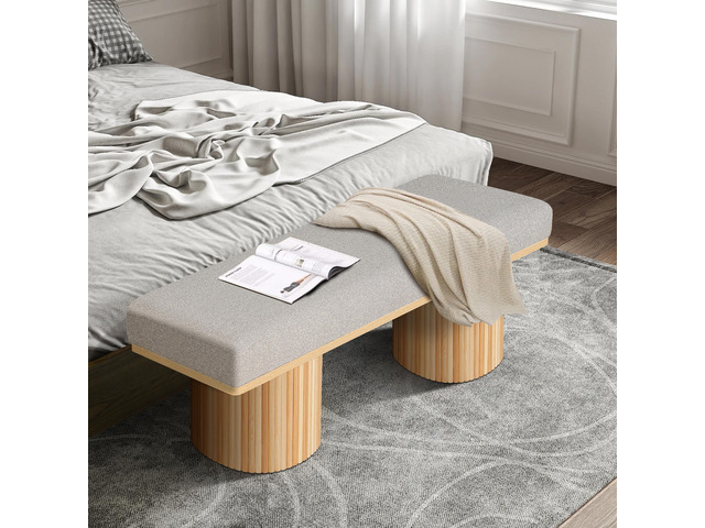 Upholstered Bench with Chunky Legs Light Grey Boucle Fabric Contemporary Style Bed-end Bench for Bedroom Living Room, Natural Wood