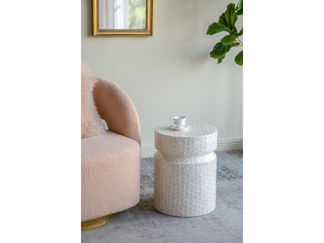 14x14x18' Round Wooden Accent Stool with White Capiz Finish