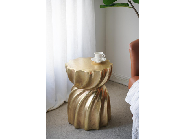 14x14x18.7' Gold Magnesium Accent Stool with Sculptural Swirl Design, Contemporary Side Table, Decorative Display Stand, or Extra Seating Option