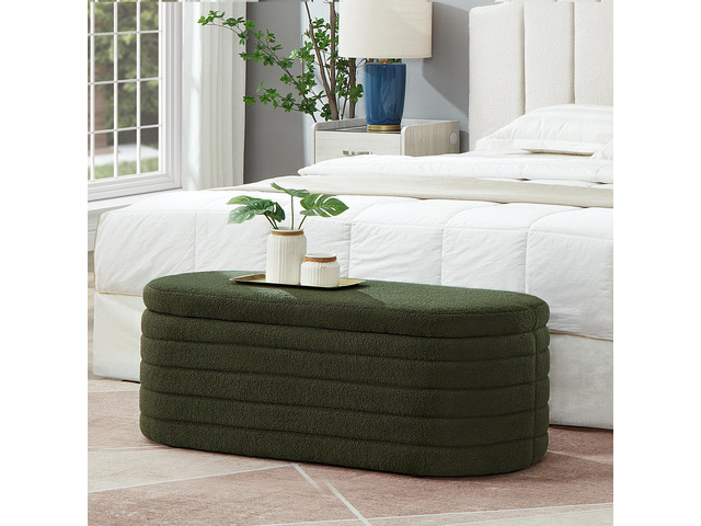 Modern Oval Storage Ottoman Bench, Upholstered Boucle Teddy Fabric End of Bed Bench with Storage, End of Bed Stool with Safety Hinge for Bedroom,...