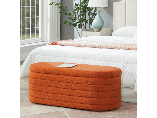 Modern Oval Storage Ottoman Bench, Upholstered Boucle Teddy Fabric End of Bed Bench with Storage, End of Bed Stool with Safety Hinge for Bedroom,...