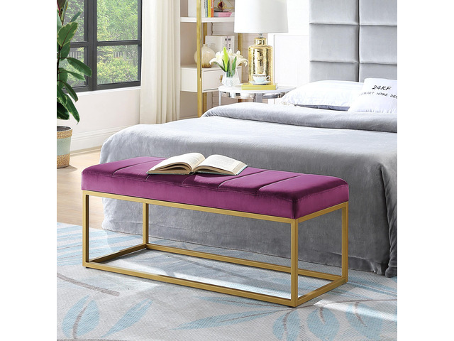 Modern Tufted Channel Entryway Bench Emerald Velvet Upholstered End of Bed Bench with Metal Frame,Footboard Bench for Living Room, Bedroom,Violet