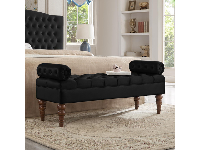 Velvet Long bed Bench for Bedroom,Upholstered Window Bench with Tufted Button,Entryway Bench,Bolster Bench for Living Room-Black