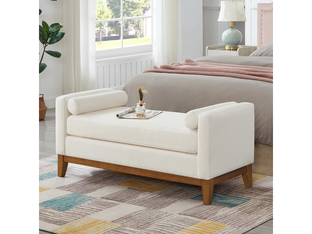Large Upholstered Boucle Fabric Ottoman with Pillows,Comfort Padded Window Bench for Living Room,Entryway Bench-Ivory