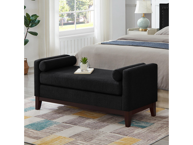 Large Upholstered Boucle Fabric Ottoman with Pillows,Comfort Padded Window Bench for Living Room,Entryway Bench-Black