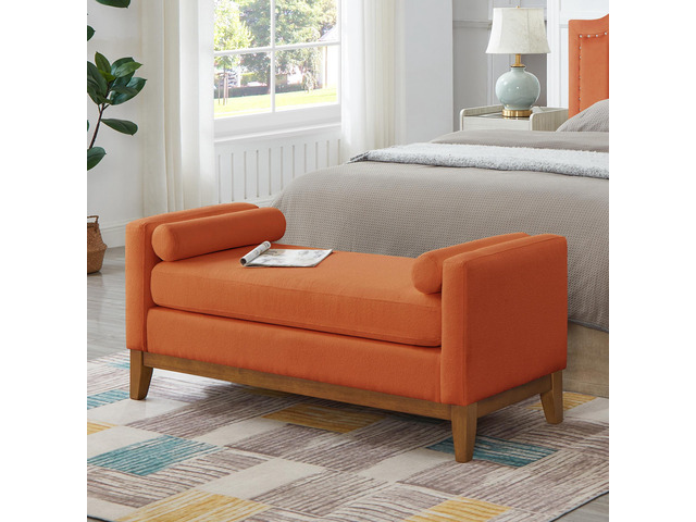 Large Upholstered Boucle Fabric Ottoman with Pillows,Comfort Padded Window Bench for Living Room,Entryway Bench-Orange