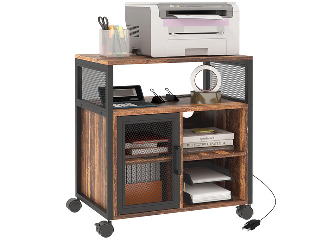 Vinsetto Mobile Printer Stand with Socket & USB Ports, Rustic Brown