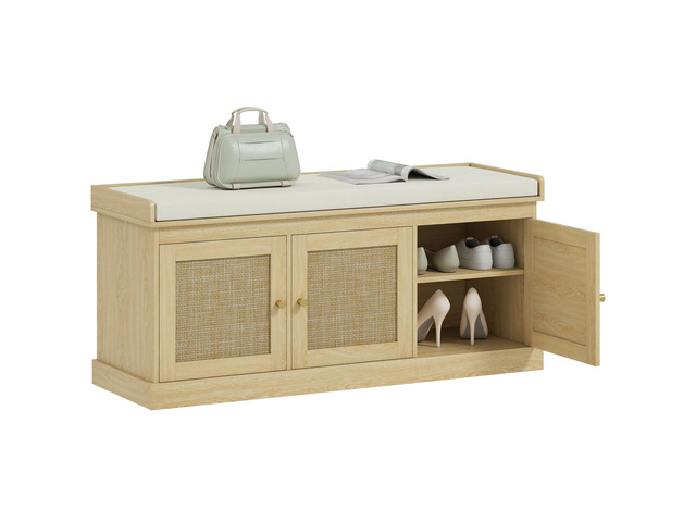 HOMCOM Shoe Storage Bench with Woven Rattan, Shoe Bench with Cushion, Adjustable Shelves, Entryway Bench for Bedroom, Living Room, Oak Tone