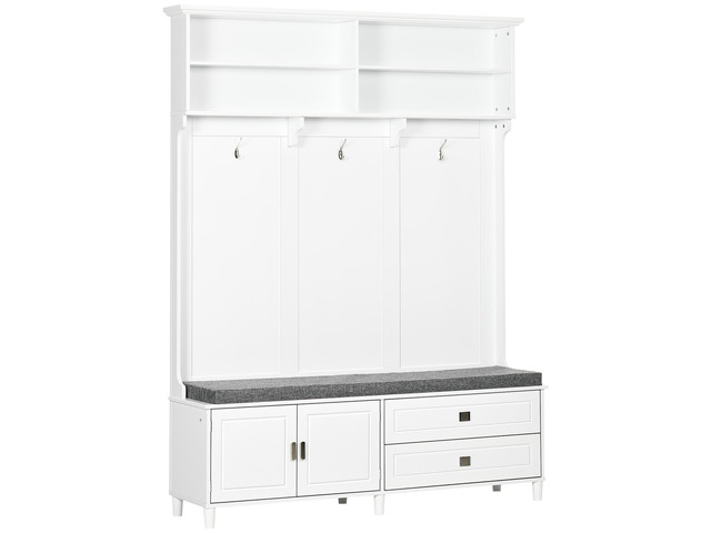 Hall Tree with Storage Bench, Entryway Bench with Coat Rack, Accent Coat Tree with Storage Shelves, Cabinet and Drawers for Hallway, Mudroom, White