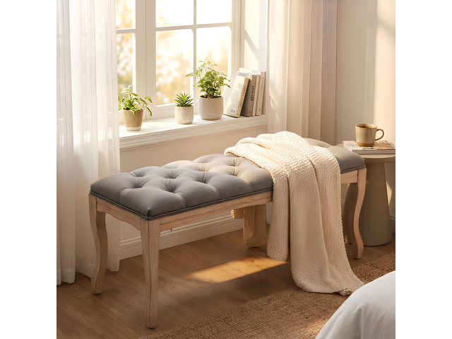 Bedroom Bench, French Vintage Tufted Entryway Bench, 43.3' Carving Upholstered End of Bed Bench with Distressed Wood Legs, Linen Ottoman Seat for...