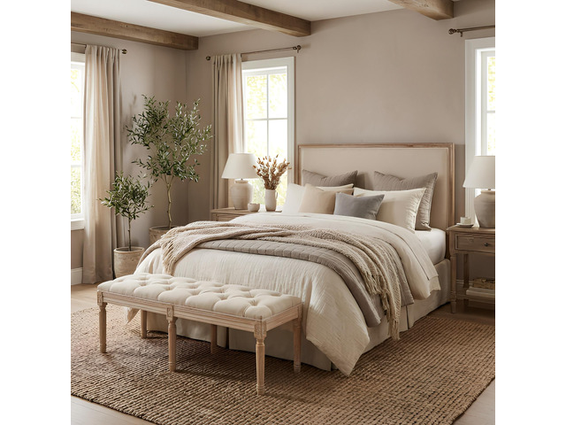 Bedroom Bench, French Vintage Tufted Entryway Bench, 47.2' Carving Upholstered End of Bed Bench with Distressed Wood Legs, Linen Ottoman Seat for...