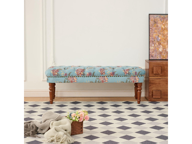 European Style Tufted Floral Bench with Turned Wood Legs,American Upholstered Ottoman for Bedroom & Primary Living Space