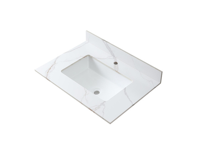 Montary 31inch bathroom stone vanity top carrara gold color with undermount ceramic sink and single faucet hole with backsplash