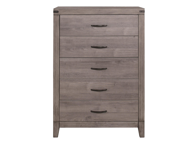 Brownish Gray Finish 1pc Bedroom Chest of 5 Drawers Melamine Laminate Dark Metal Hardware Corner Rivets