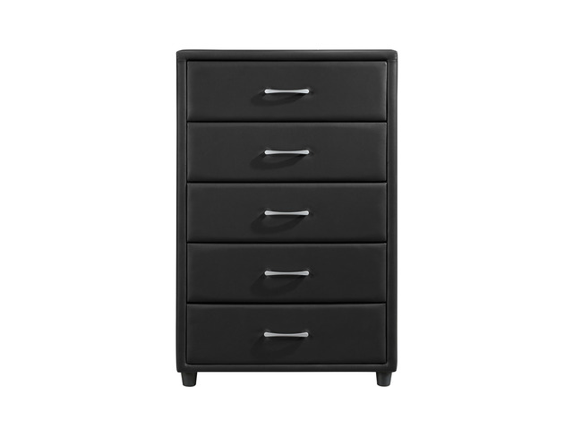 Contemporary Durable Black Faux Leather Covering 1Pc Chest Of Drawers Silver Tone Bar Pulls Stylish Furniture