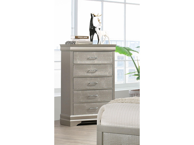 5-Drawer Tall Chest Modern 1Pc Beige Champagne Texture Finish Solid Wood Wooden Crystal Tufted Handle Bedroom Home Furniture