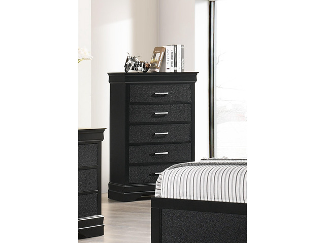 5-Drawer Tall Chest Modern 1pc Black Finish Solid Wood Wooden Crocodile Texture Crystal Tufted Handle Bedroom Home Furniture