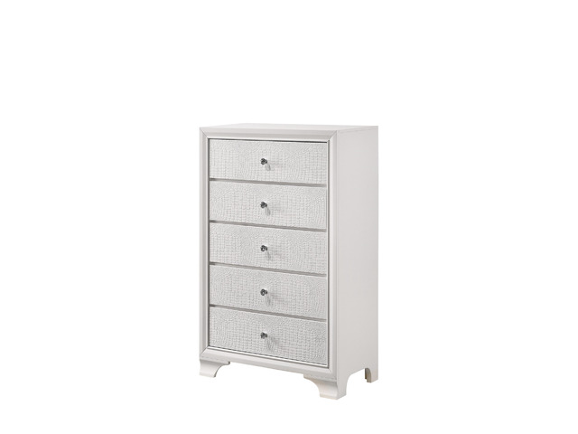 1pc Modern Glam Style White Frost Finish Glam Five Drawer Chest Embossed Crocodile Pattern Wooden Bedroom Furniture