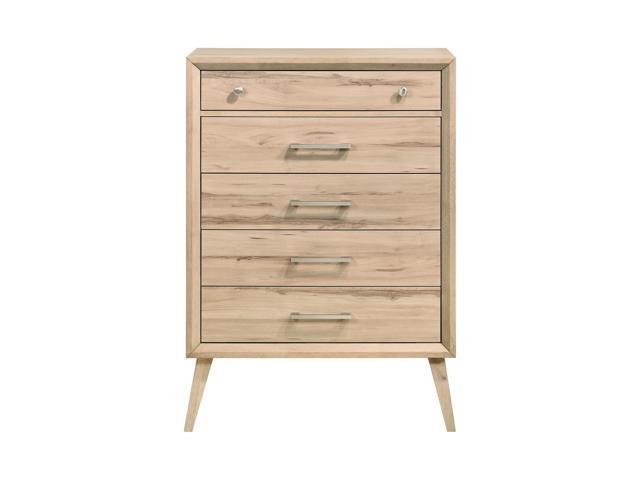 Mid-Century Modern Design Natural Oak Finish Chest Of 5 Drawers Nickel Tone Classic Style Bedroom Furniture 1Pc