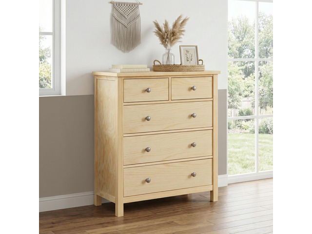 5-Drawers Chest Bedroom Furniture Natural Pine Finish Wooden 1Pc Vertical Storage Unit