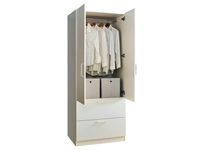 Emma Two-Door Wood Closet with Two Drawers and Hanging Bars in White